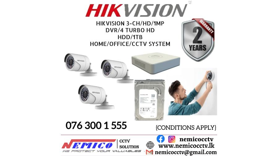 Hikvision CCTV CH 3-HD/ 1MP/ Bullet , DVR 4 Turbo & HDD 