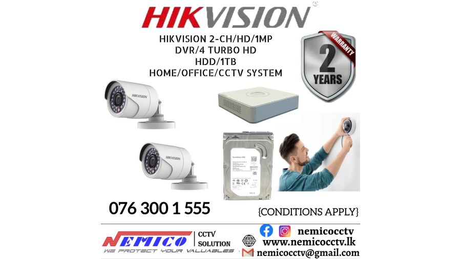 Hikvision CCTV CH 2-HD/ 1MP/ Bullet , DVR 4 Turbo & HDD 