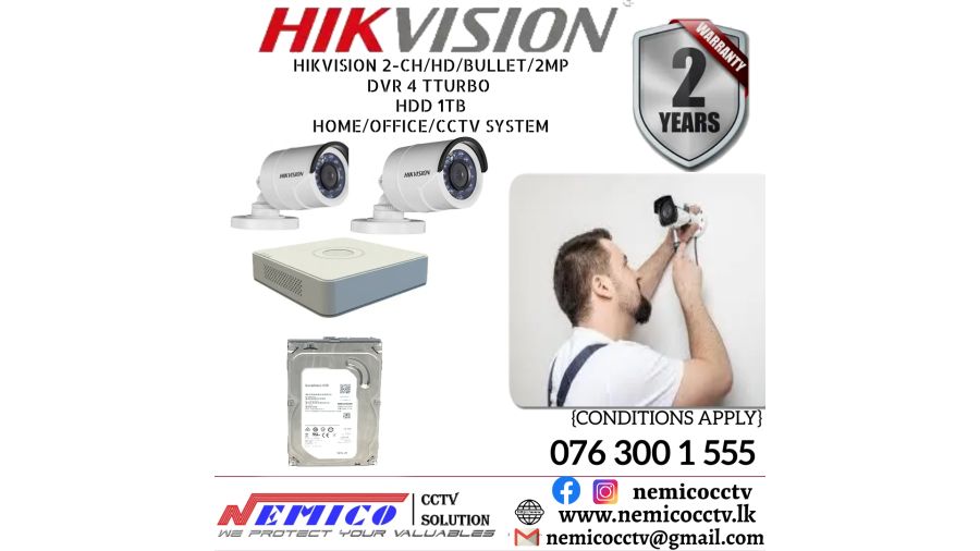 Hikvision CCTV CH 2-HD/ 2MP/ Bullet, DVR 4, Turbo, HDD 1 TB