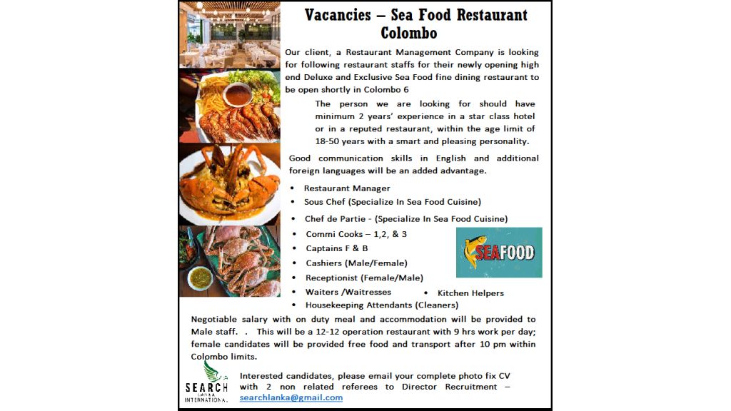 Vacancies – Sea Food Restaurant-Colombo 
